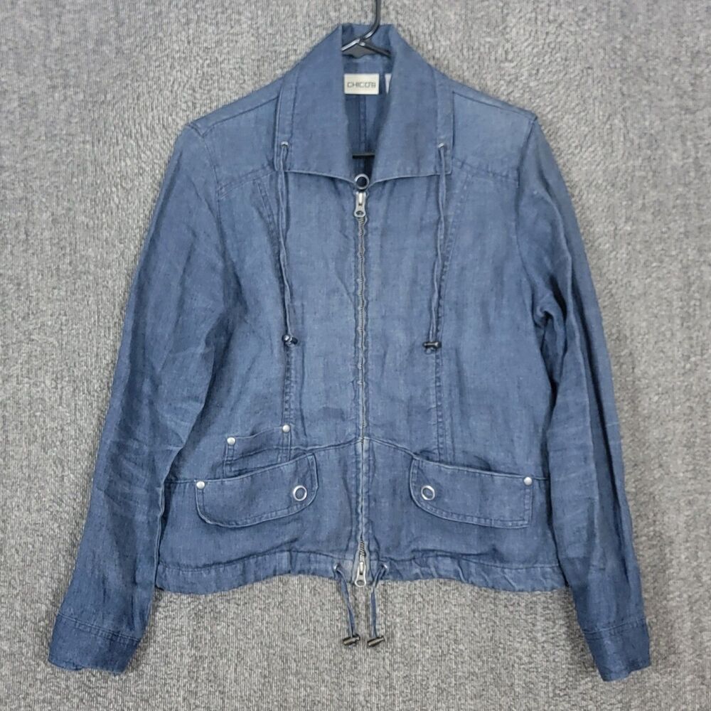 Chicos Utility Jacket 0 Womens Small Blue 100% Linen Full Zip Drawstring Pockets